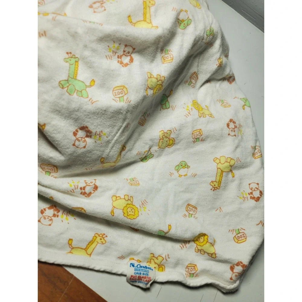 Vtg 70s Carters Cradle‎ Sheet Yellow Green Toy Trains Baby Animal USA